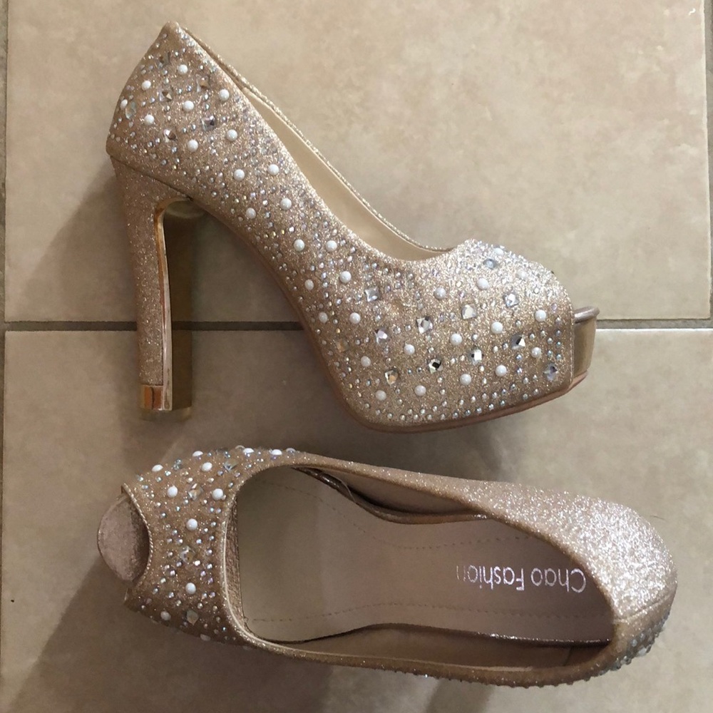 Gold Heels with Rhinestones